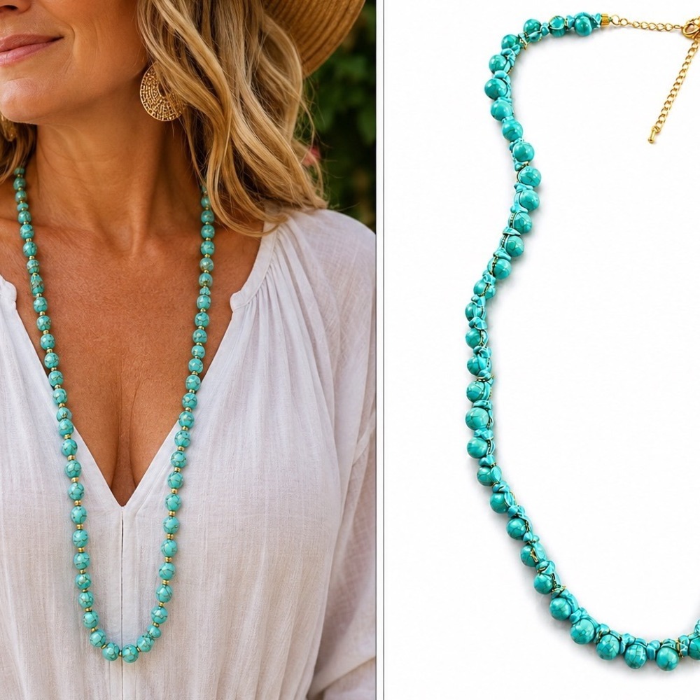 Vivi Turquoise Faux Stone Beaded Silk Cord Necklace Gold Tone Extender Boho